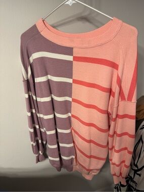Two-Tone Striped Pullover Sweater in Mauve and Peach